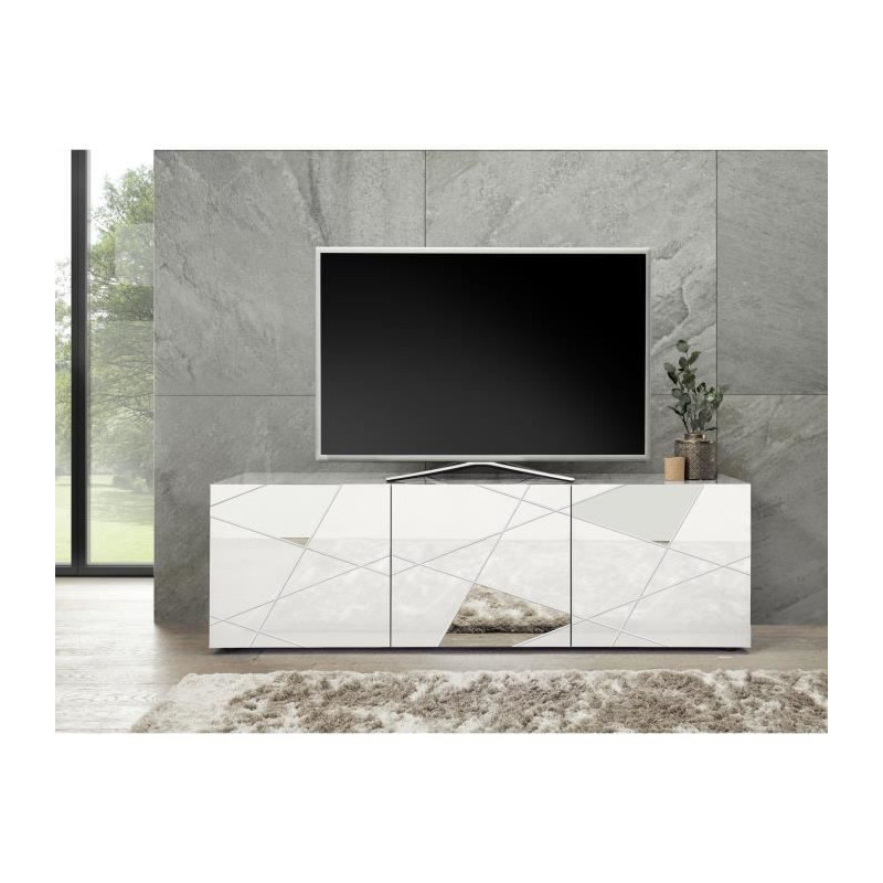 Meuble TV - Blanc laqué brillant avec sérigraphie miroir - L181 x P43 x H57 cm - VICTORY