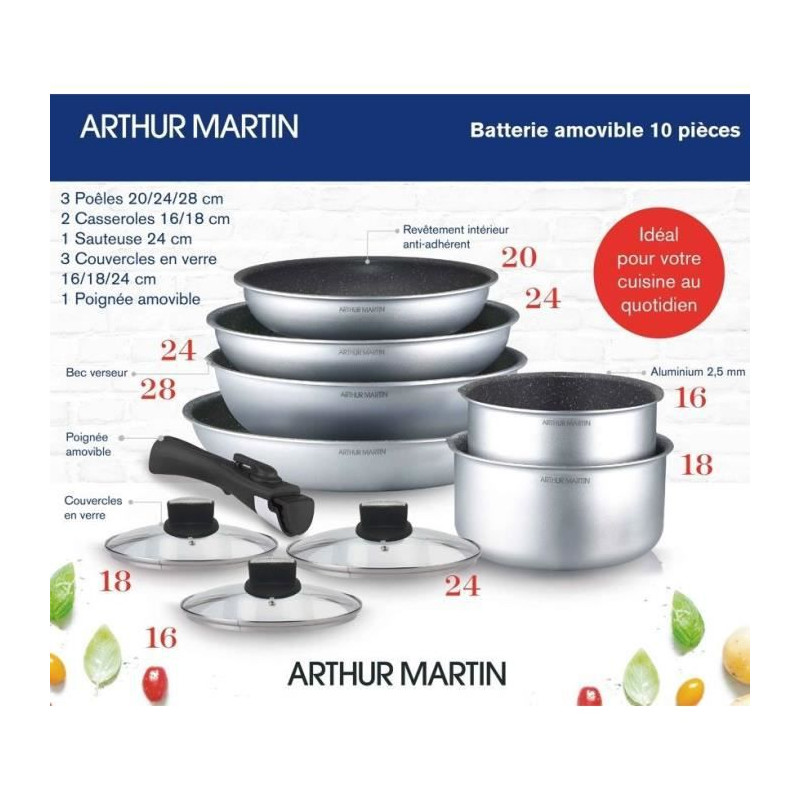 Batterie de cuisine Arthur Martin AM167S 10 pieces - Aluminium - Poignée amovible - Tous feux dont induction