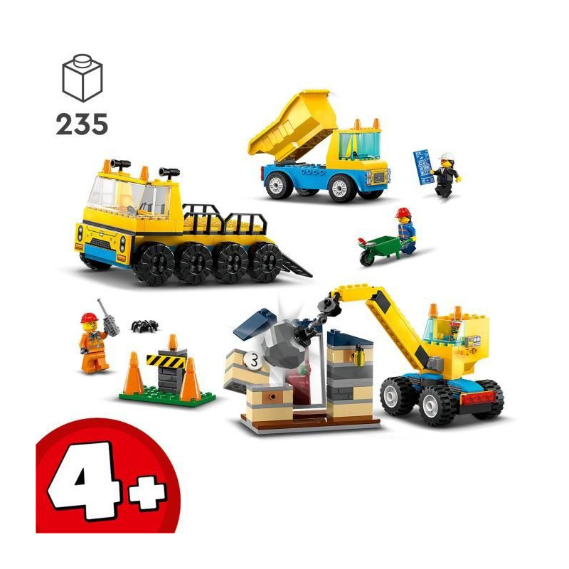 LEGO City 60391 Les Camions de Chantier et la Grue a Boule de Démolition, Jouet de Engin de Construction