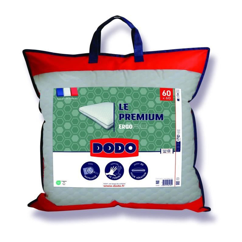 Oreiller Le Premium DODO - 60x60 cm - Mémoire de forme - Taie déhoussable - Fabriqué en France