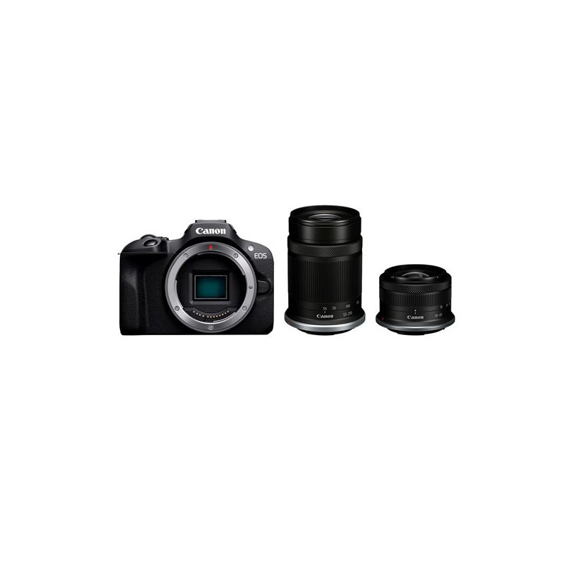 Appareil photo Canon EOS R100 + RF S 18–45mm f 4.5 6.3 IS STM + RF S 55 210mm f 5 7.1 IS STM