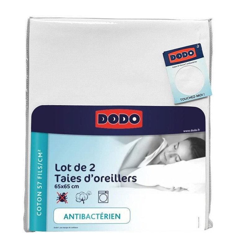 Lot de 2 taies d'oreiller carrées DODO - 65x65 cm - Blanc - Fabriqué en France