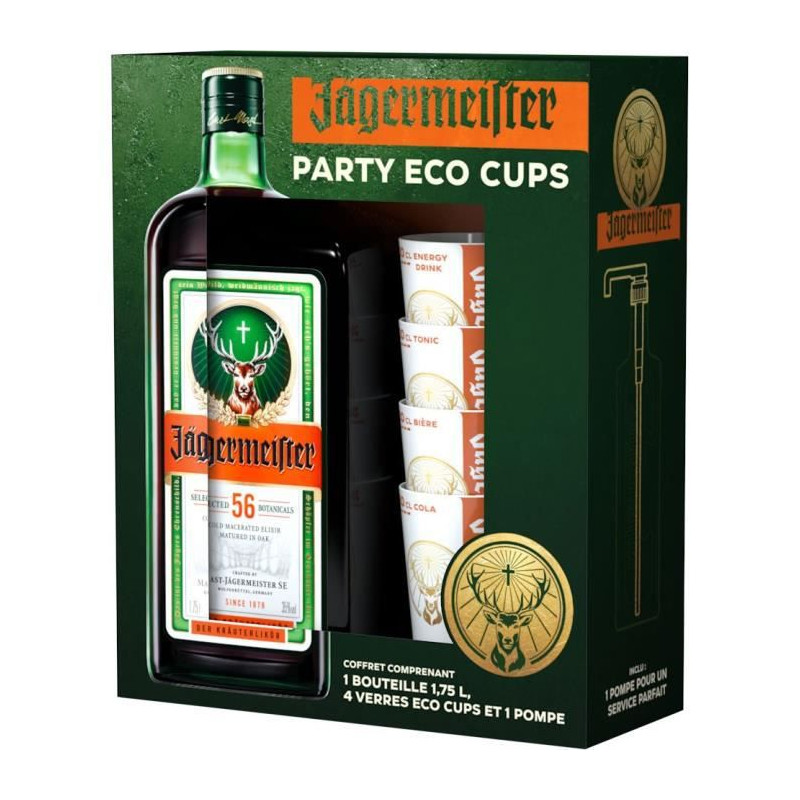 Coffret PartyPack - Liqueur Jägermeister 35,0% Vol. 175cl + 4 verres éco-cups + 1 pompe