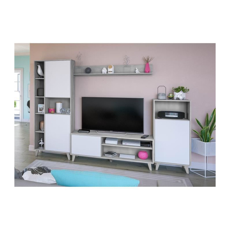 Ensemble meuble TV modulable Zoe : Meuble TV + 2 Vitrines - Ouverture PUSH - Décor Blanc et ciment - L260 x P33 x H184 cm