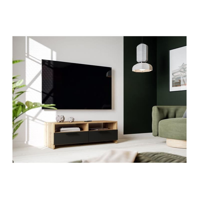 Meuble TV PILVI - Style contemporain - Décor Chene et Noir - 2 Abattants + 2 niches - L 95 x P 36 x H 34,5 cm