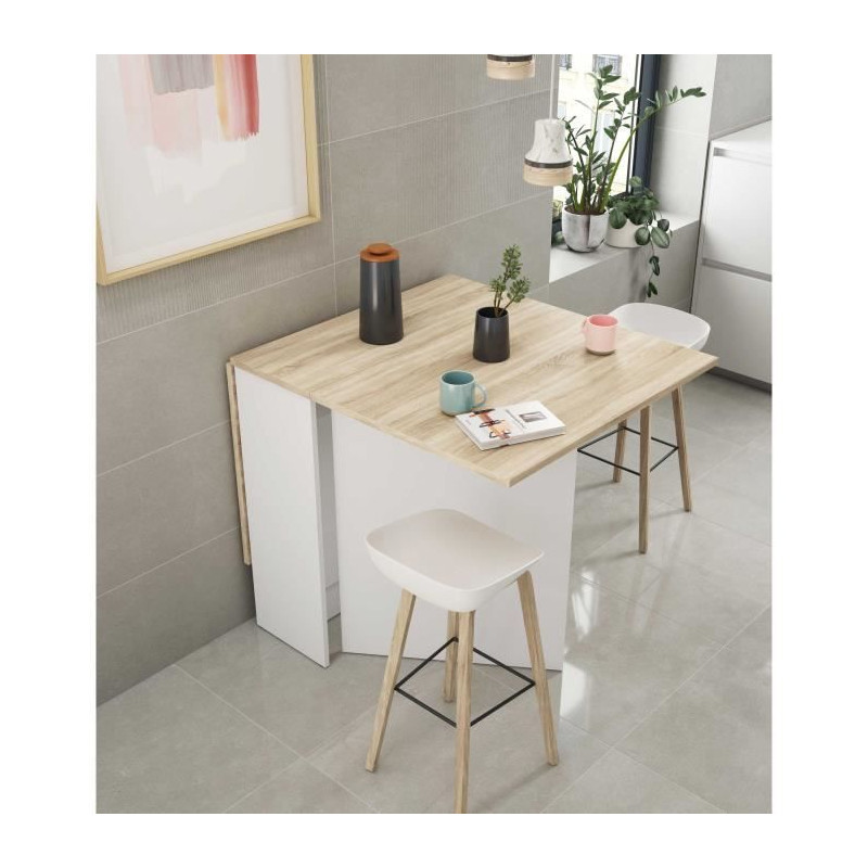 Table de cuisine rabattable FLY - Mélaminé blanc artik et chene - L 140 x P 77 x H 78 cm