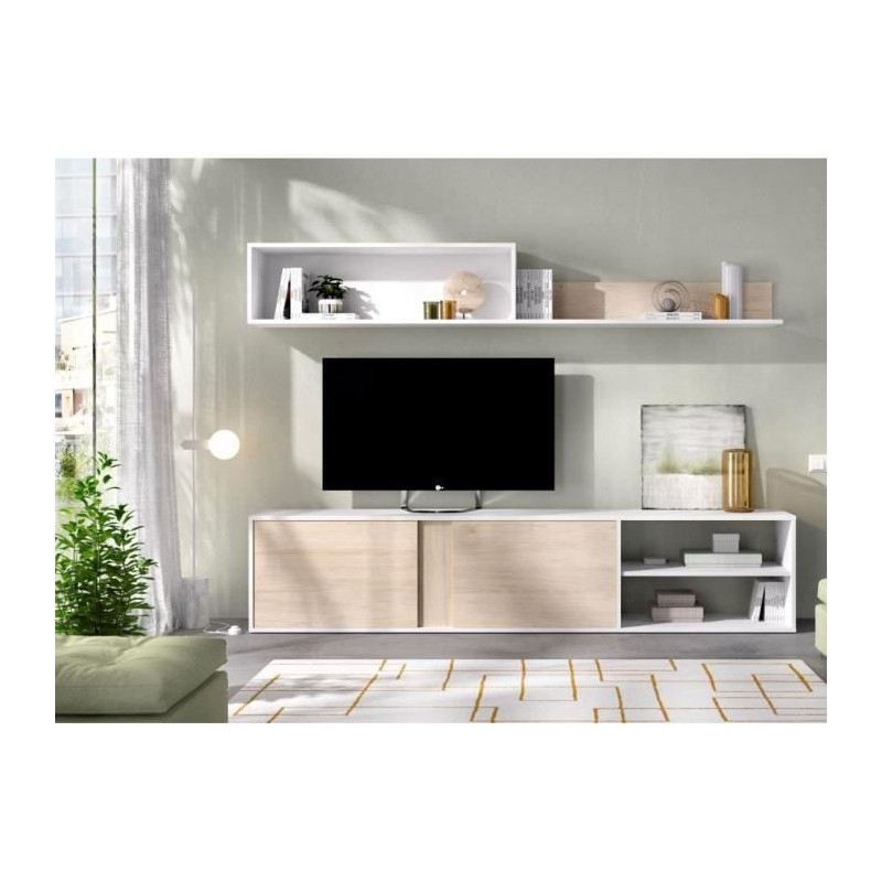 Ensemble de salon ATLANTA - meuble TV avec étagere murale en deux modules - blanc et chene