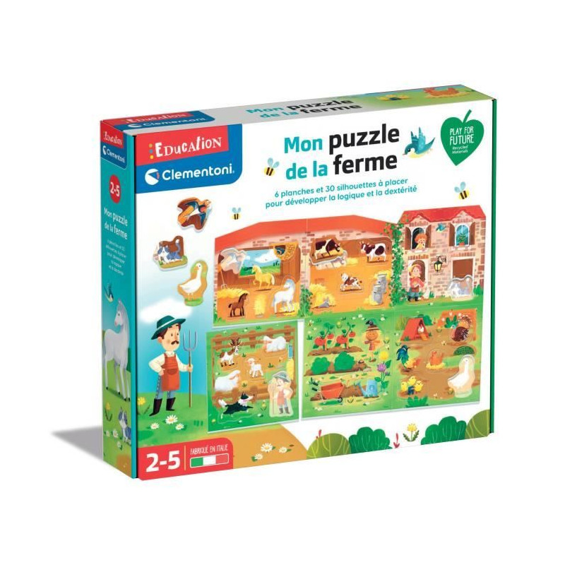 Clementoni - Jeu Educatif Mon puzzle de la ferme - 6 planches 30 tuiles - Des 2 ans - Fabriqué en Italie