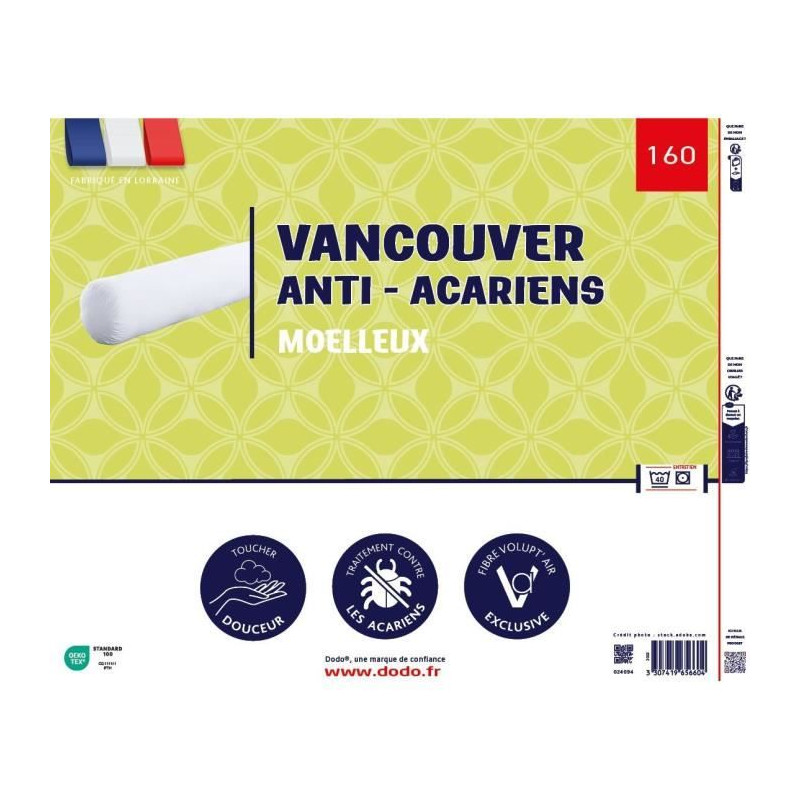 Traversin VANCOUVER 160 cm - anti-acariens - 100% Polyester - DODO