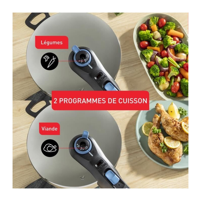 Tefal Cocotte-minute 6 L, Induction, Inox, 2 programmes, Cuisine vapeur, Fabriqué en France, Secure Trendy P2580700