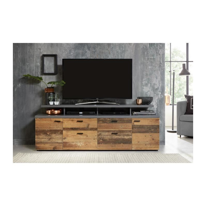 Meuble TV MOOD 2 portes et 2 tiroirs - Mélaminé bois vieilli et gris mat - L 180 x 47 x 66 cm