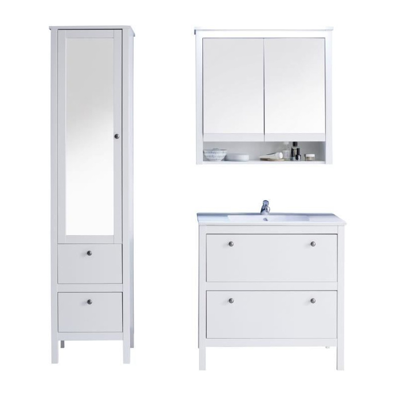 OLE Salle de bain complete: Colonne avec miroir + Meuble sous vasque + Vasque + Meuble haut avec miroir - Mélaminé blanc - TRE
