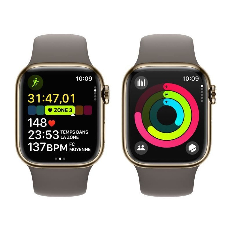 Apple Watch Series 9 GPS + Cellular - 41mm - Boîtier Acier Or - Bracelet Clay Sport Band - S/M