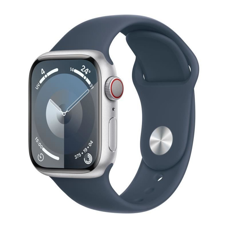 Apple Watch Series 9 GPS + Cellular - 41mm - Boîtier Silver Aluminium - Bracelet Storm Blue Sport Band - S/M