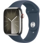 Apple Watch Series 9 GPS + Cellular - 45mm - Boîtier Acier Argent - Bracelet Storm Blue Sport Band - M/L