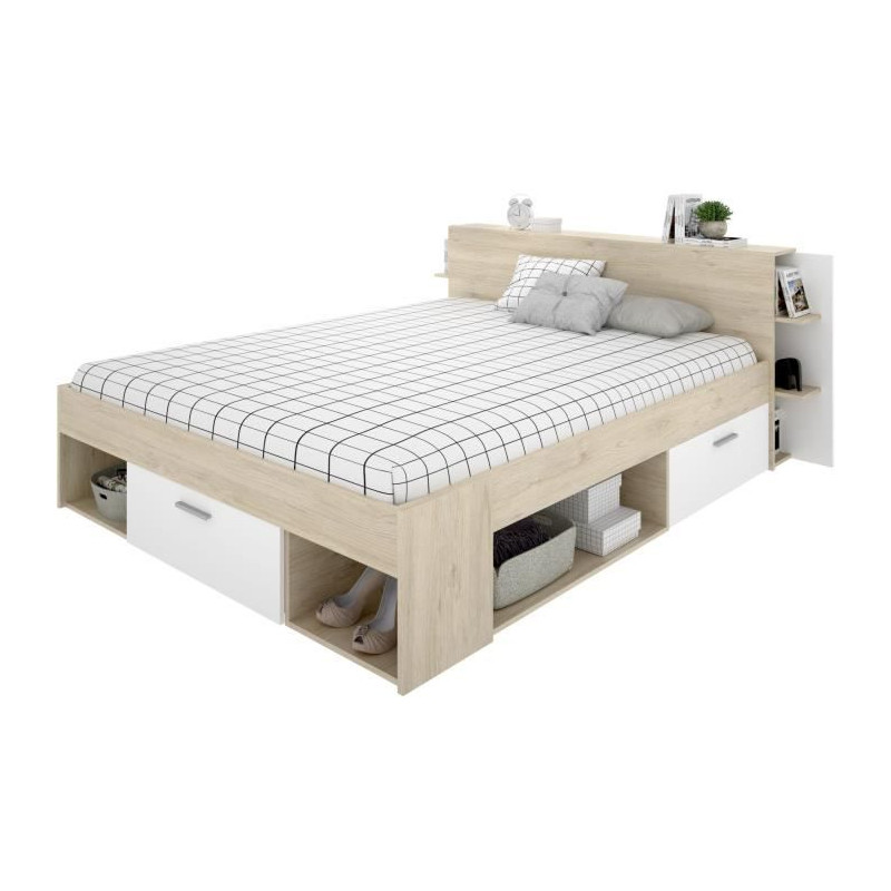 SAX Lit adulte - 160x200 cm - 3 tiroirs + Tete de lit avec rangement - Décor chene et blanc