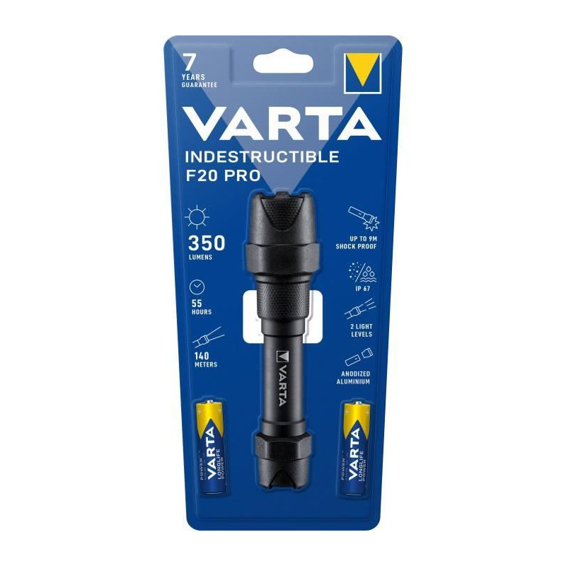 Torche-VARTA-Indestructible F20 Pro-350lm-Garantie 7ans-Resistante au chocs (9m) a l'eau et la poussiere- IP67-2 Piles AA inclus