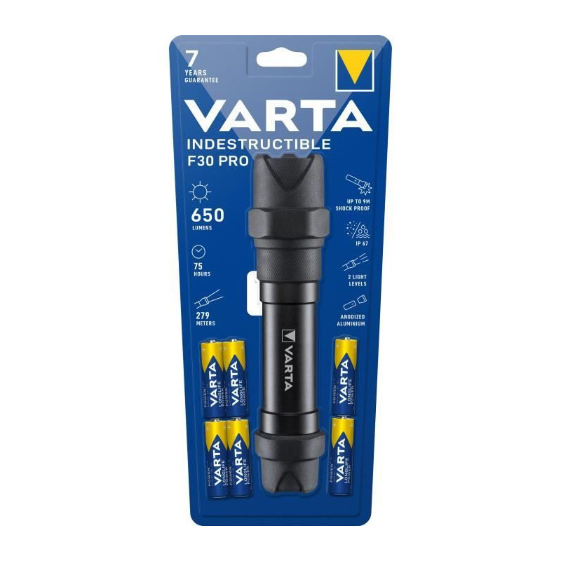 Torche-VARTA-Indestructible F30 Pro-650lm Garantie 7ans-Resistante au chocs (9m) a l'eau et la poussiere-IP67-6 Piles AA incluse