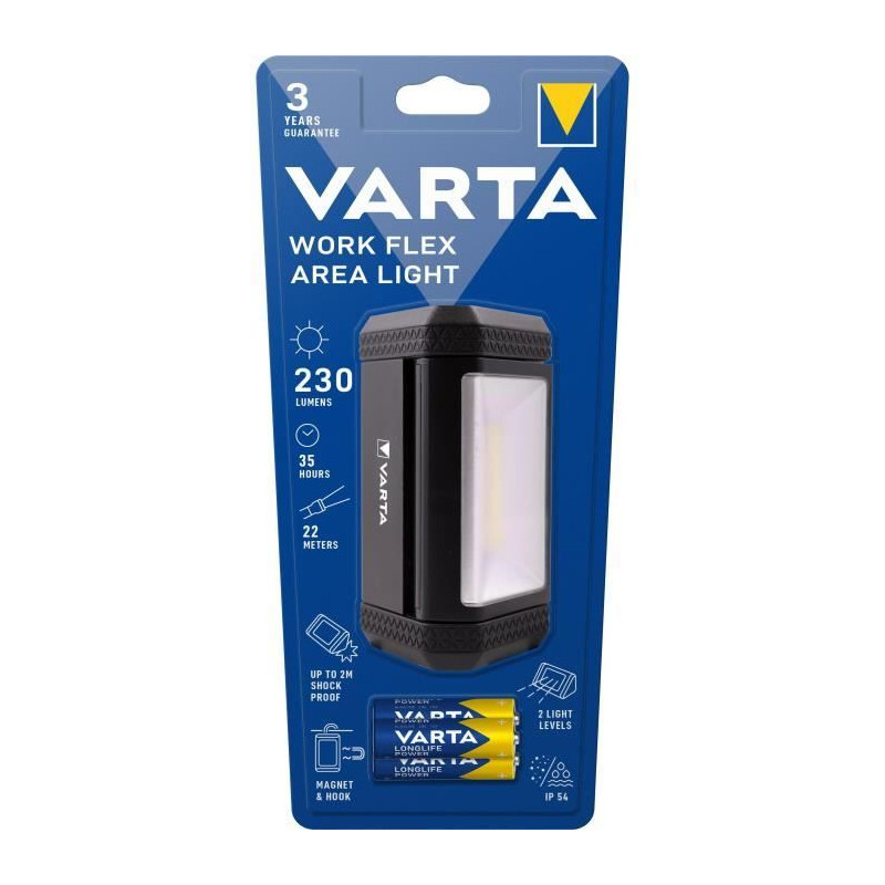 Petit projecteur-VARTA-Work Flex Area Light-230lm-Idéal pour le bricolage-orientable-aimanté-crochet-IP54-3 Piles AA incluses