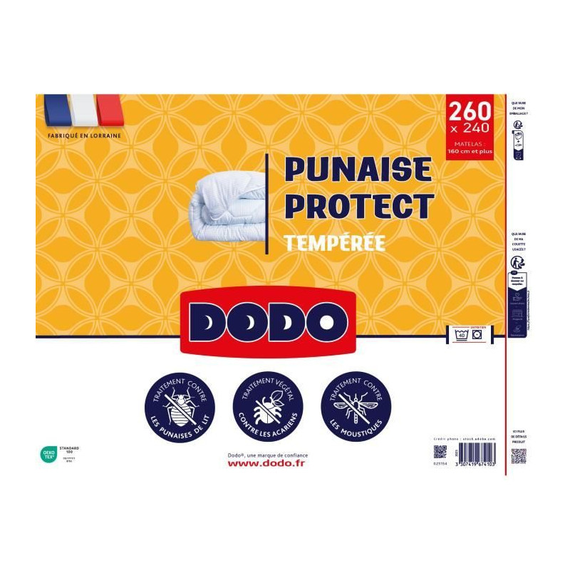 Couette tempérée DODO 240x260 cm - 2 personnes - Protection anti punaise, anti acarien - 300G/m² - Blanc - Fabriqué en Franc