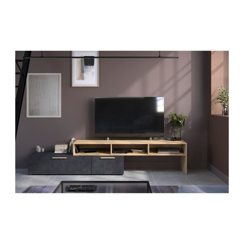 Meuble TV RAW - Décor chene et Steam Black - 1 abattant + 1 tiroir - 4 modulations au choix - L250 x H 50 x P 46.6 cm