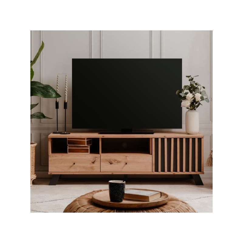 Meuble TV MEDAN - 1 porte + 2 tiroirs - Décor Chene artisan et anthracite - L138 x H44 x P40 cm