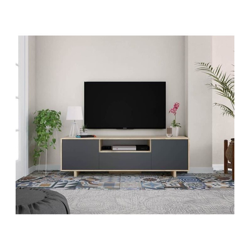 Meuble TV ZAIRA - Mélaminé Anthracite et chene - 3 Portes - L150 x P41 x H46 cm