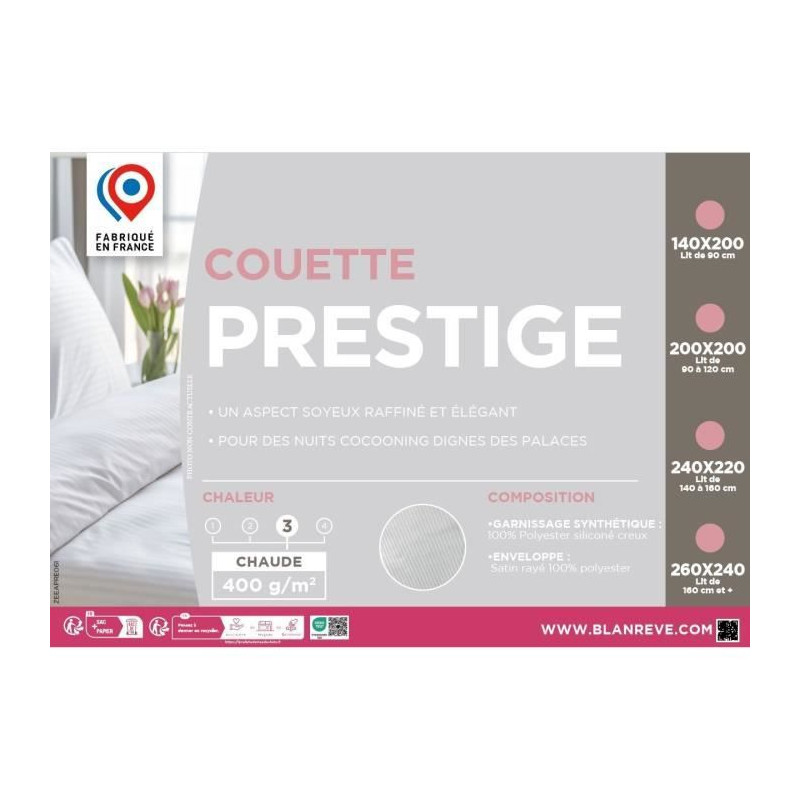 Couette 220x240 cm BLANREVE PRESTIGE - Chaude - 100% Polyester - 2 Personnes - Satin rayé