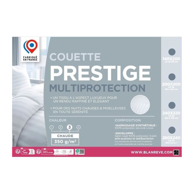 Couette 140x200 cm BLANREVE PRESTIGE Multiprotection - 100% Polyester - 1 Personne - Satin rayé