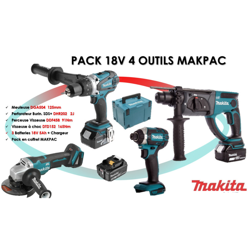 Pack de 4 outils 18V (DDF458 DTD152 DHR202 DGA504) + 3 batteries 5 Ah + chargeur en coffret MAKPAC MAKITA