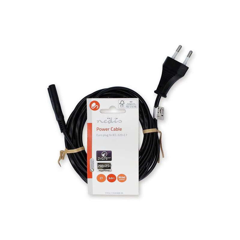 Câble d'alimentation 3.00 m | IEC-320-C7 | Droit | Droit | Plaqué nicke NEDIS - CEGL11040BK30