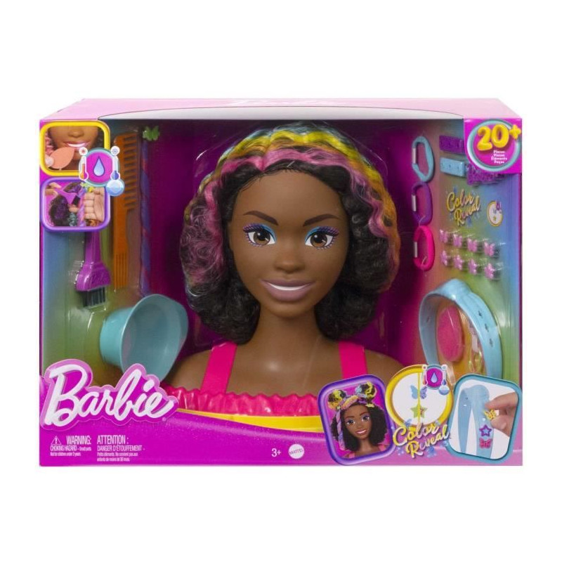 Barbie - Ultra Chevelure - T?te ? Coiffer brune fris?e m?ches arc-en-ciel - Poup?e Mannequin - 3 ans et + - BARBIE - HMD79 - POU