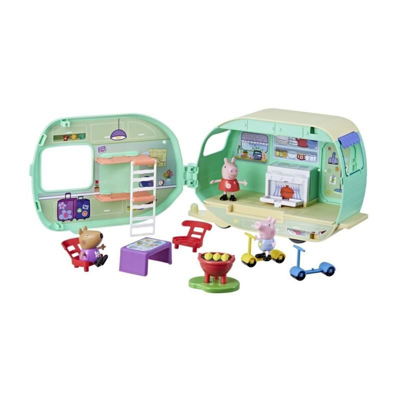 Peppa Pig, La caravane de Peppa avec 3 figurines et 6 accessoires, jouets préscolaires pour filles et garçons, a partir de 3