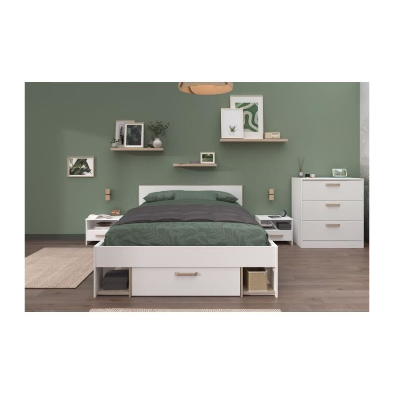 Chambre complete adulte DREAM : Lit 140x190/200 cm + 2 chevets + Commode - Décor blanc et chene - PARISOT