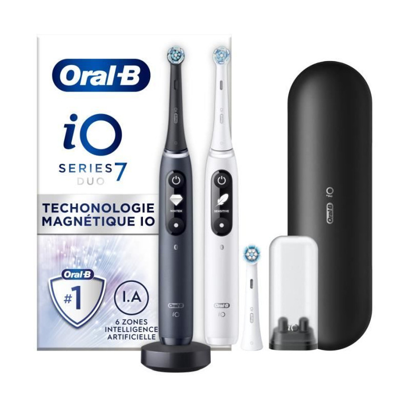 Oral-B iO 7 Oral-B iO 7 Lot De 2, Brosses a Dents Électriques Noire et Blanche, 3 Brossettes, 1 Étui De Voyage