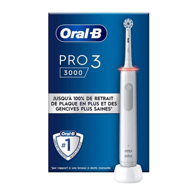 Brosse a Dents Électrique Oral-B Pro 3 3000 Blanche - 2 Brossettes - Tete Ronde - 3 Modes de Brossage