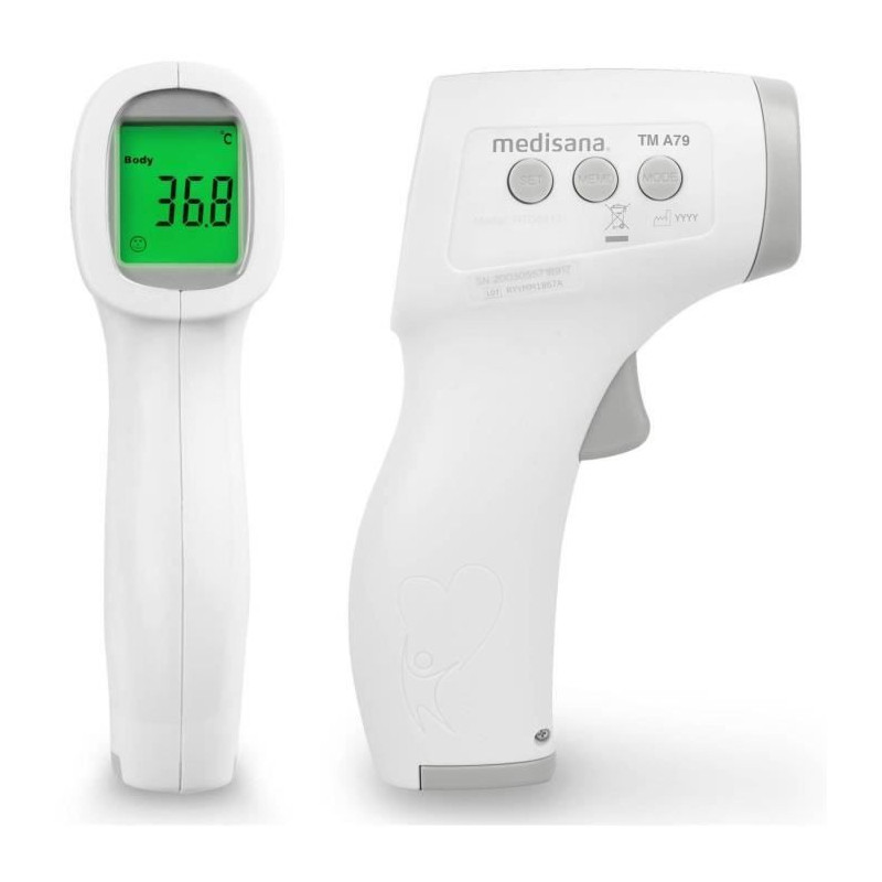 Thermemetre sans contact TM A79 medisana. Alarmes visuelle (3 couleurs) et sonore. Dispositif médical certifié. 50 mémoires.