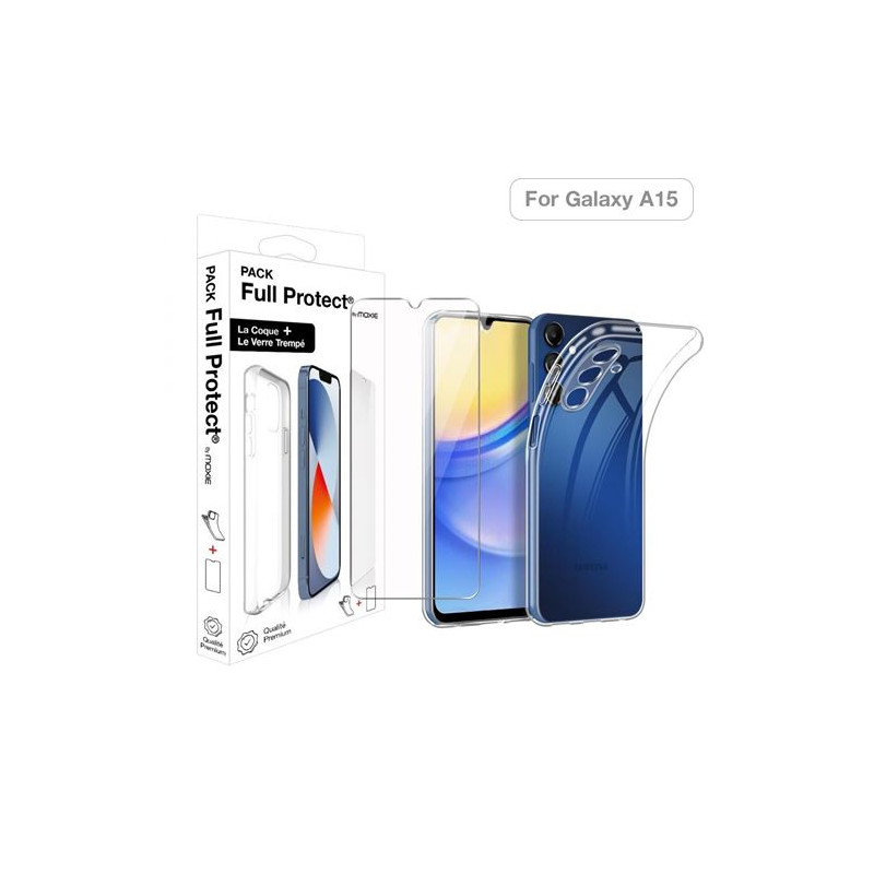 Pack protection complète écran en verre trempé Moxie + coque pour Samsung Galaxy A15 Transparent