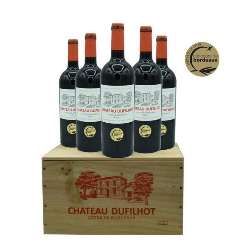 Château Dufilhot 2021 Côtes de Bordeaux - Vin rouge lot de 6 bouteilles en Caisse bois