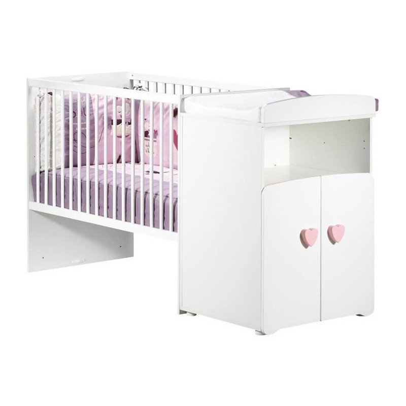 Lit bébé combiné évolutif - BABY PRICE - Basic - Blanc - Bouton coeur rose -60 x 120 cm