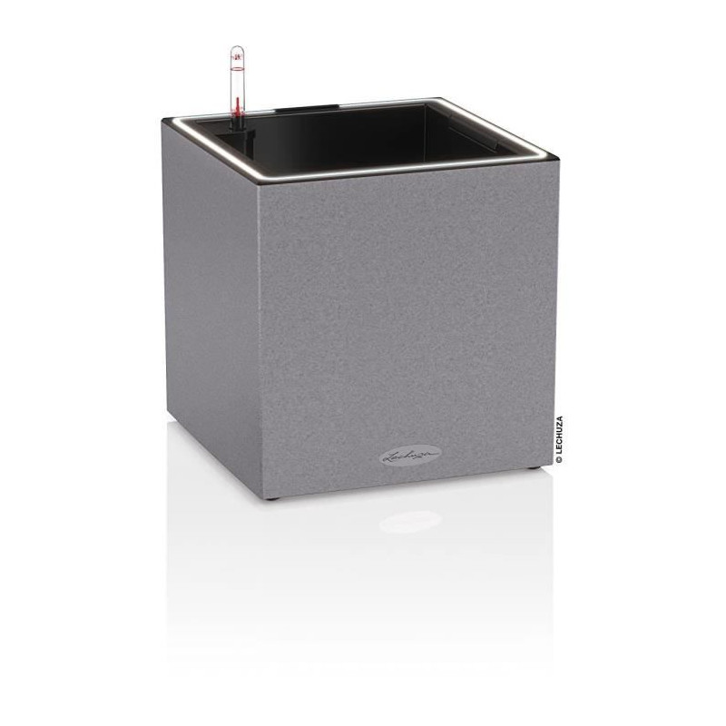 Pot de fleur LECHUZA Canto Stone Cube 30 - kit complet LED, gris pierre