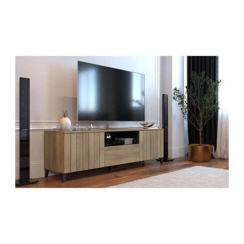 Meuble TV LINEAS - Mélaminé chene - 2 portes + 1 tiroir + 1 niche - L180 x P44 x H55 cm